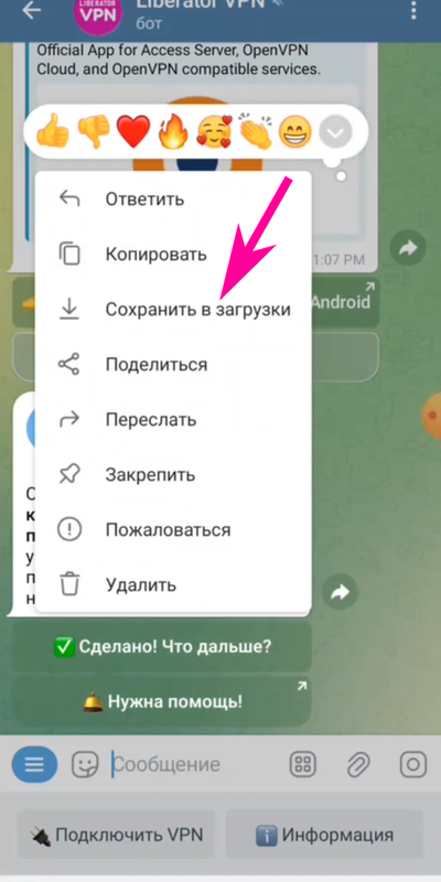 Liberator VPN Telegram бот - сохранение файла конфигурации VPN подключения в папку "Сохранённые / Telegram"